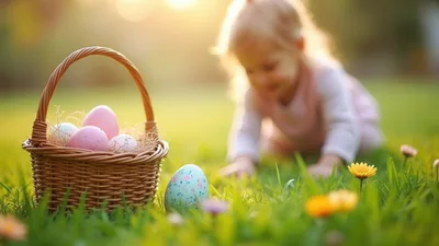 Toddler Searching For Easter Eggs In Sunny Garden