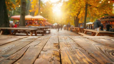 Empty Wooden Table At An Autumn Outdoor Market