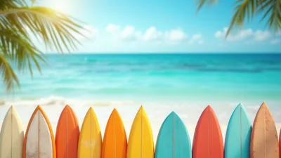 Colorful Surfboards Lined Up On A Tropical Beach