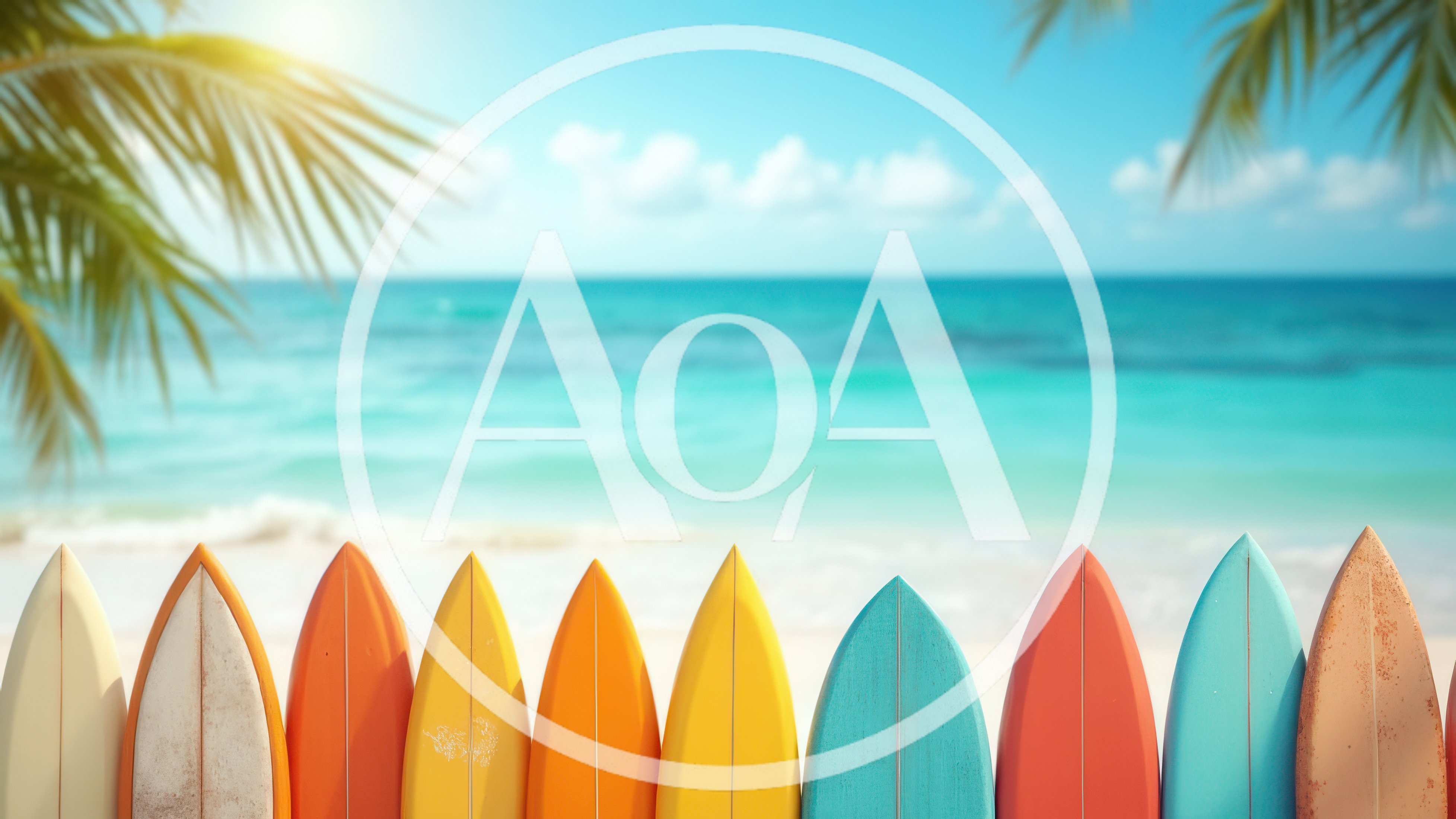 Colorful Surfboards Lined Up On A Tropical Beach