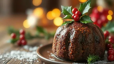 Traditional Christmas Pudding With Holly Garnish
