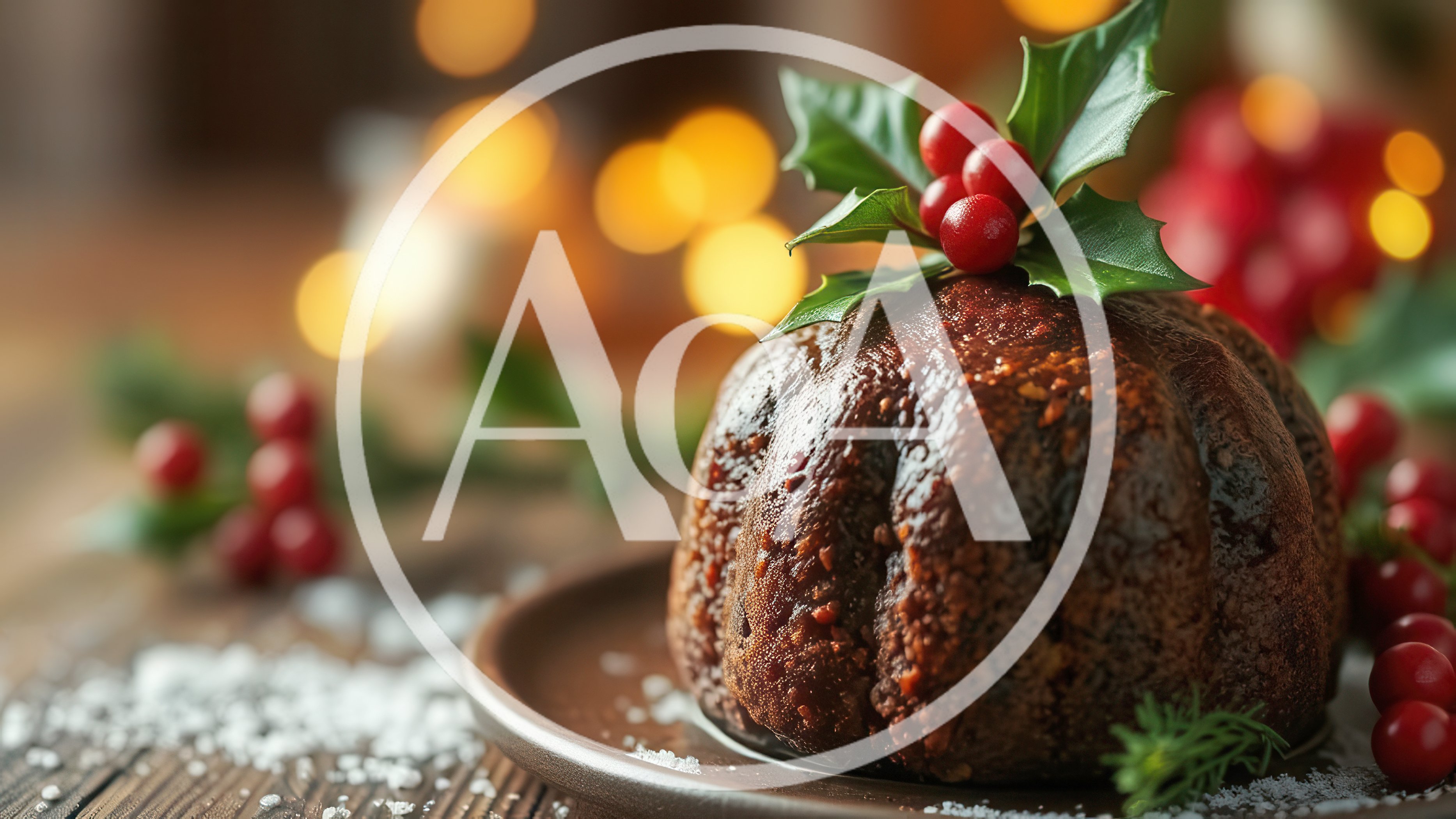 Traditional Christmas Pudding With Holly Garnish