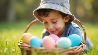 Young Boy Looking At Easter Eggs In A Basket