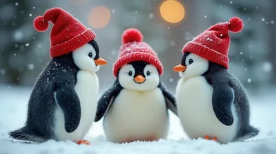 Three Cute Penguins Wearing Red Winter Hats