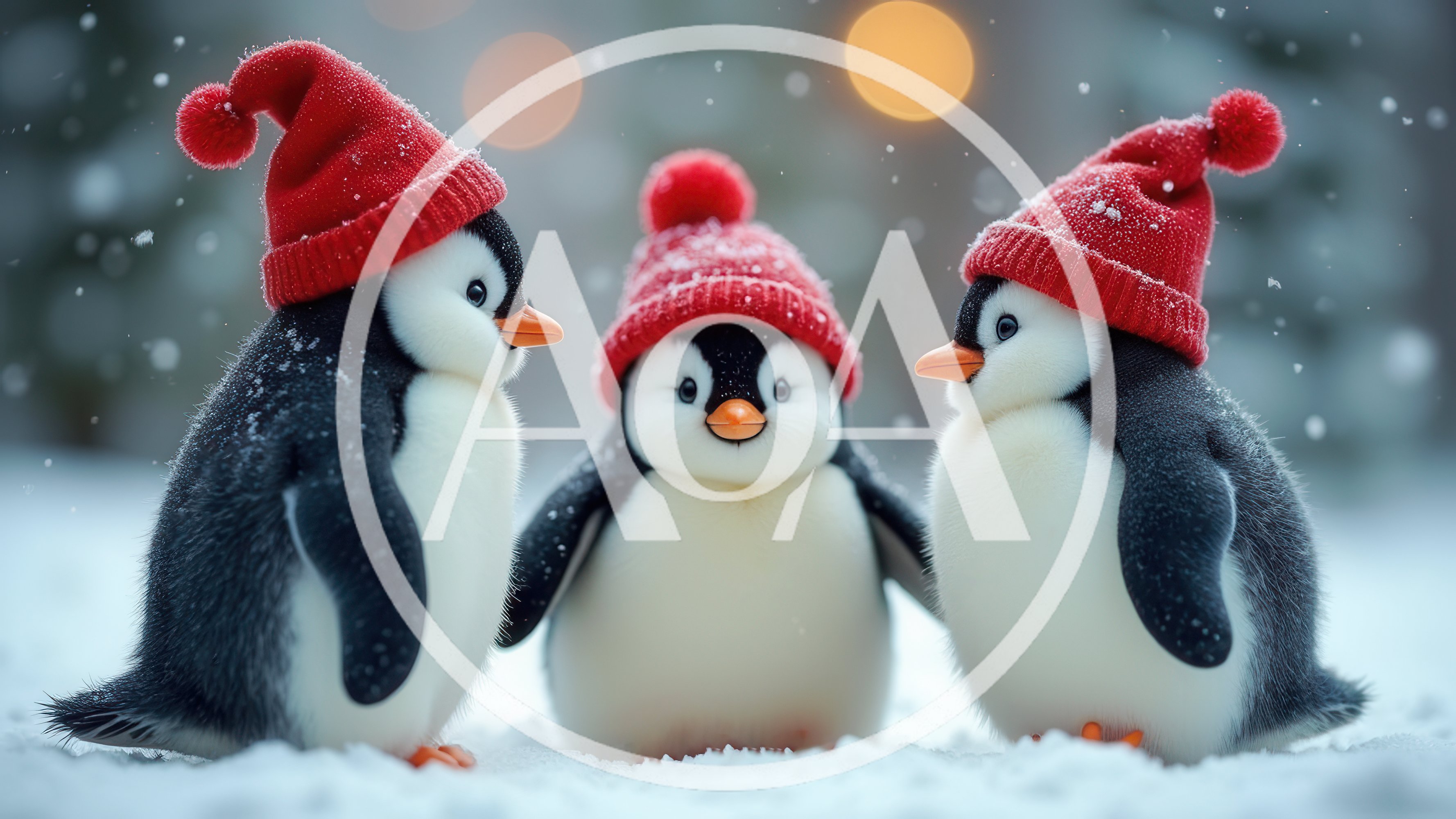 Three Cute Penguins Wearing Red Winter Hats