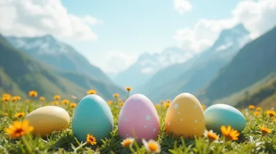 Five Colorful Easter Eggs In A Mountain Meadow