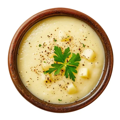 Top View Of Potato Soup In A Wooden Bowl
