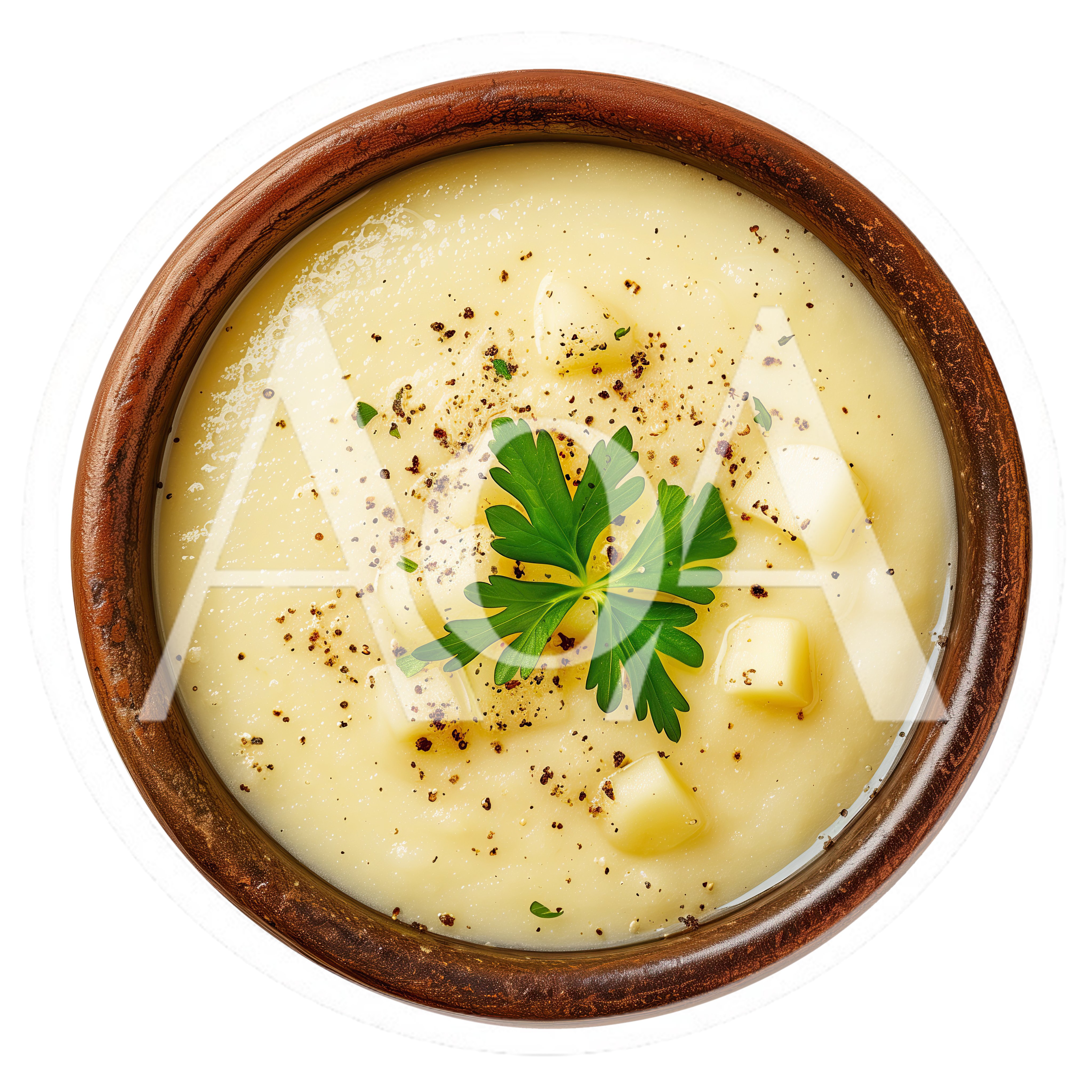 Top View Of Potato Soup In A Wooden Bowl