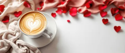 Cup of Latte with Heart Latte Art and Red Hearts