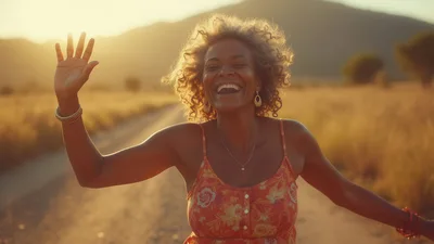 Joyful Woman Waving Hello In Golden Hour Sunlight