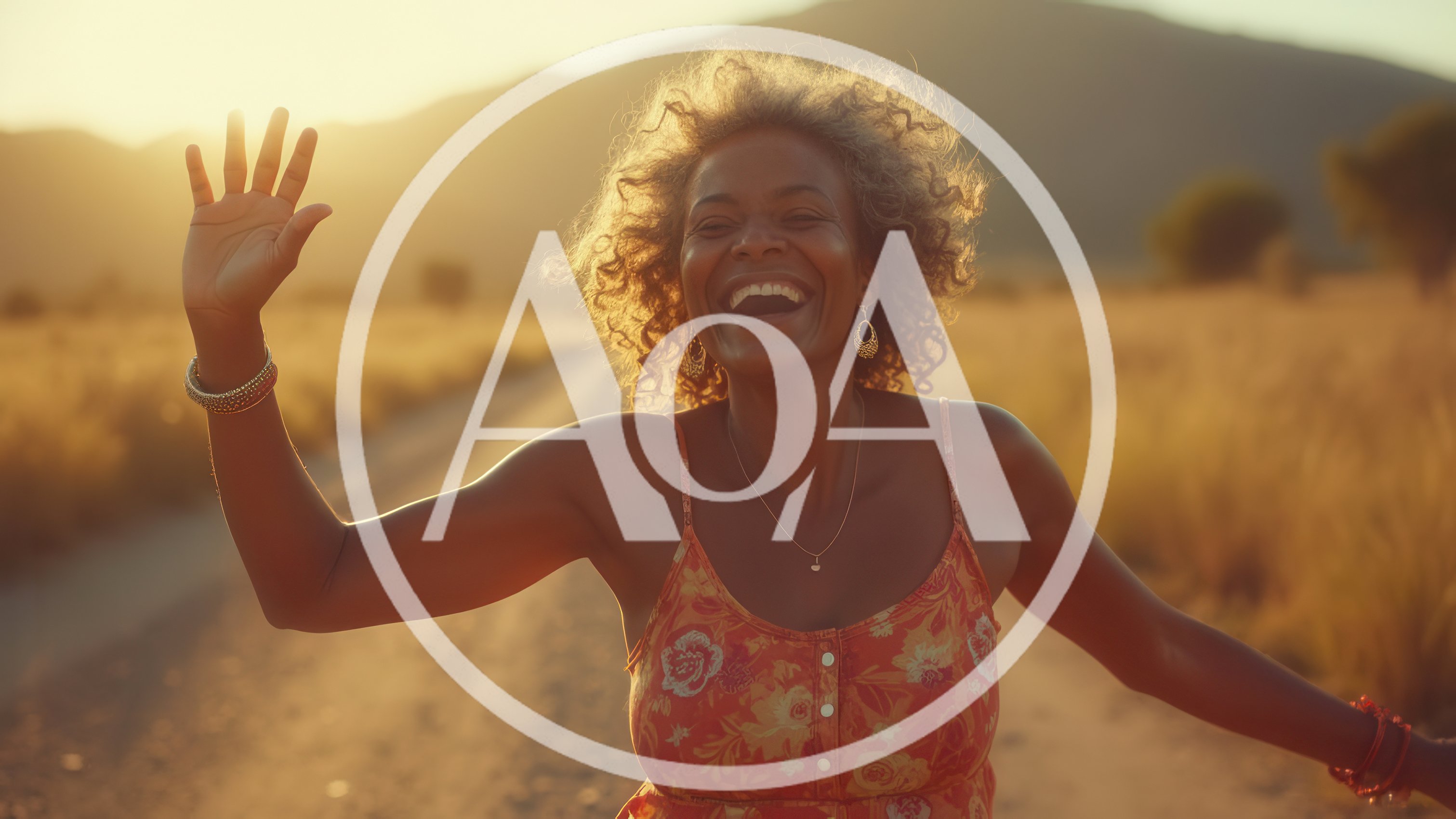 Joyful Woman Waving Hello In Golden Hour Sunlight