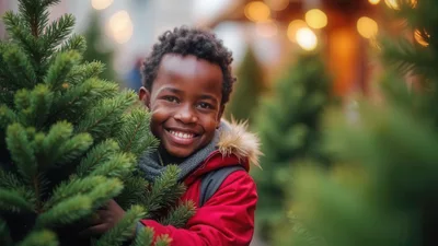 Happy Young Boy Choosing A Christmas Tree
