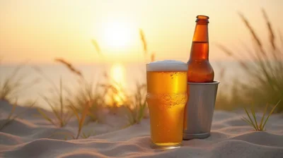 Cold Beer Glass And Bottle On Sandy Beach At Sunset
