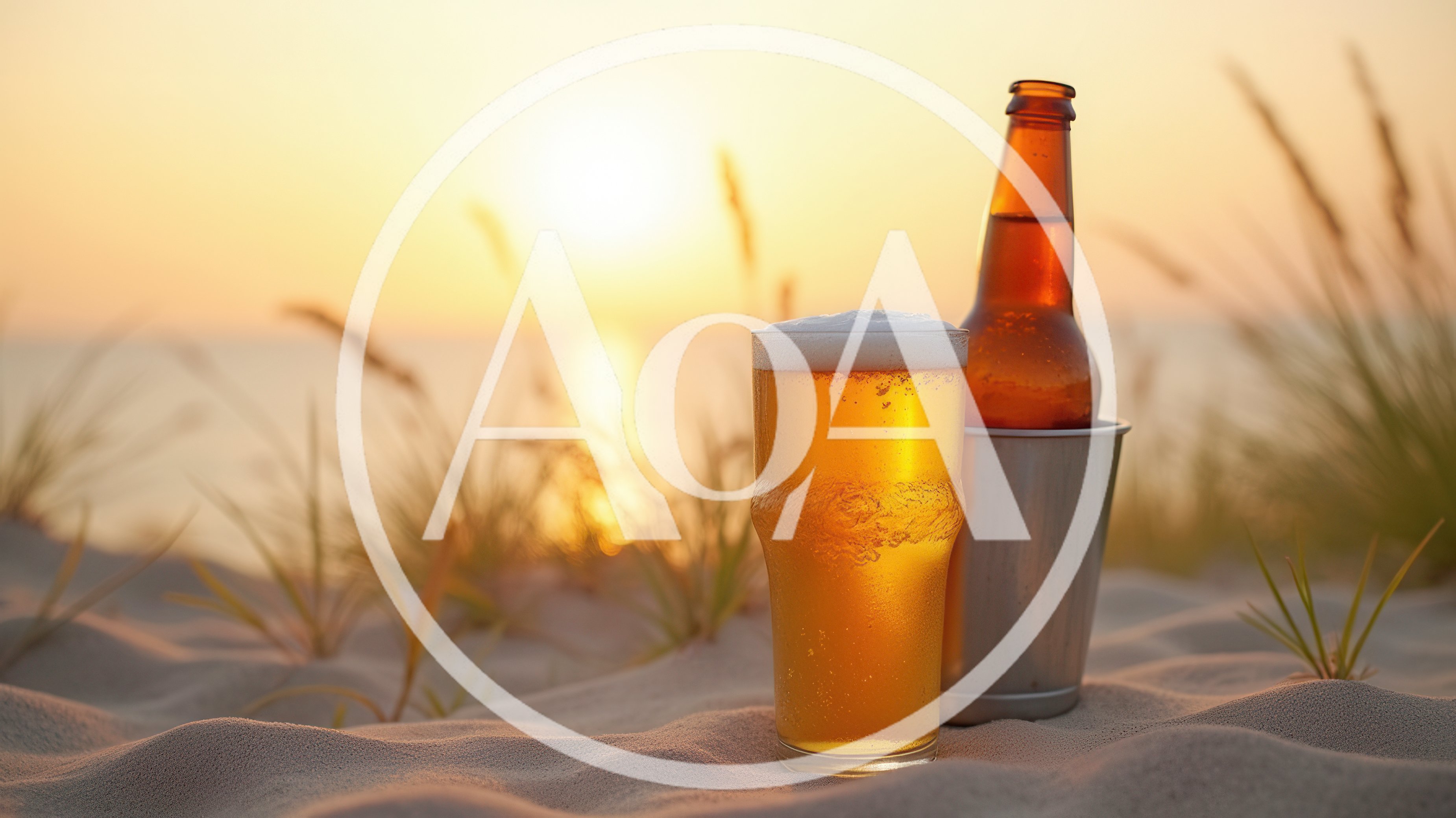Cold Beer Glass And Bottle On Sandy Beach At Sunset