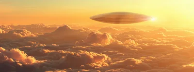 UFO Flying Above Golden Sunset Clouds