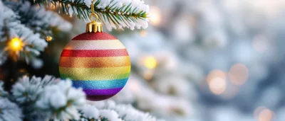 Rainbow Pride Ornament Hanging On Snowy Christmas Tree