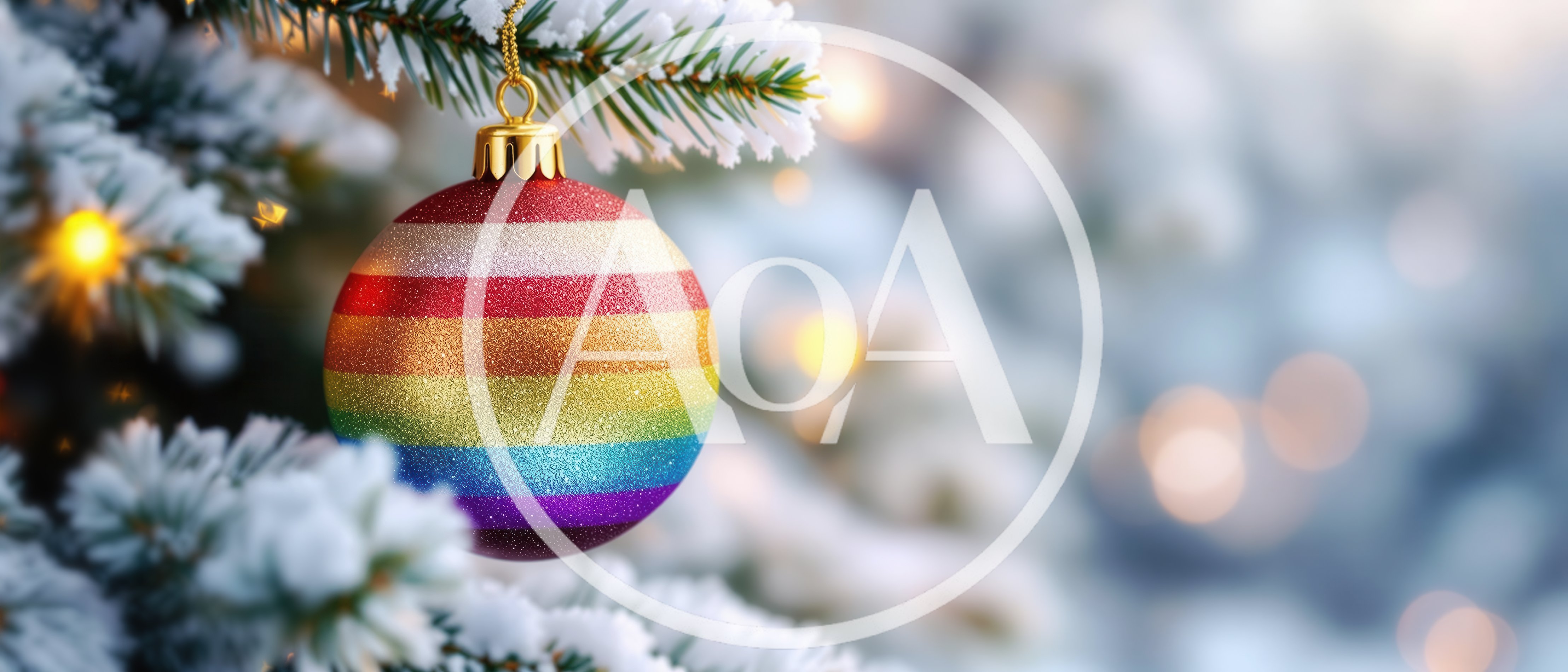 Rainbow Pride Ornament Hanging On Snowy Christmas Tree