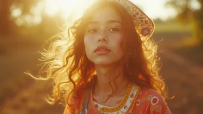 Young Woman With Curly Hair In Golden Hour Sunlight