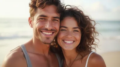 Happy Couple Smiling Together On A Sunny Beach