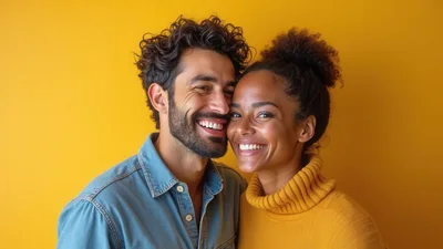 Happy Interracial Couple Smiling Together Against Yellow Background