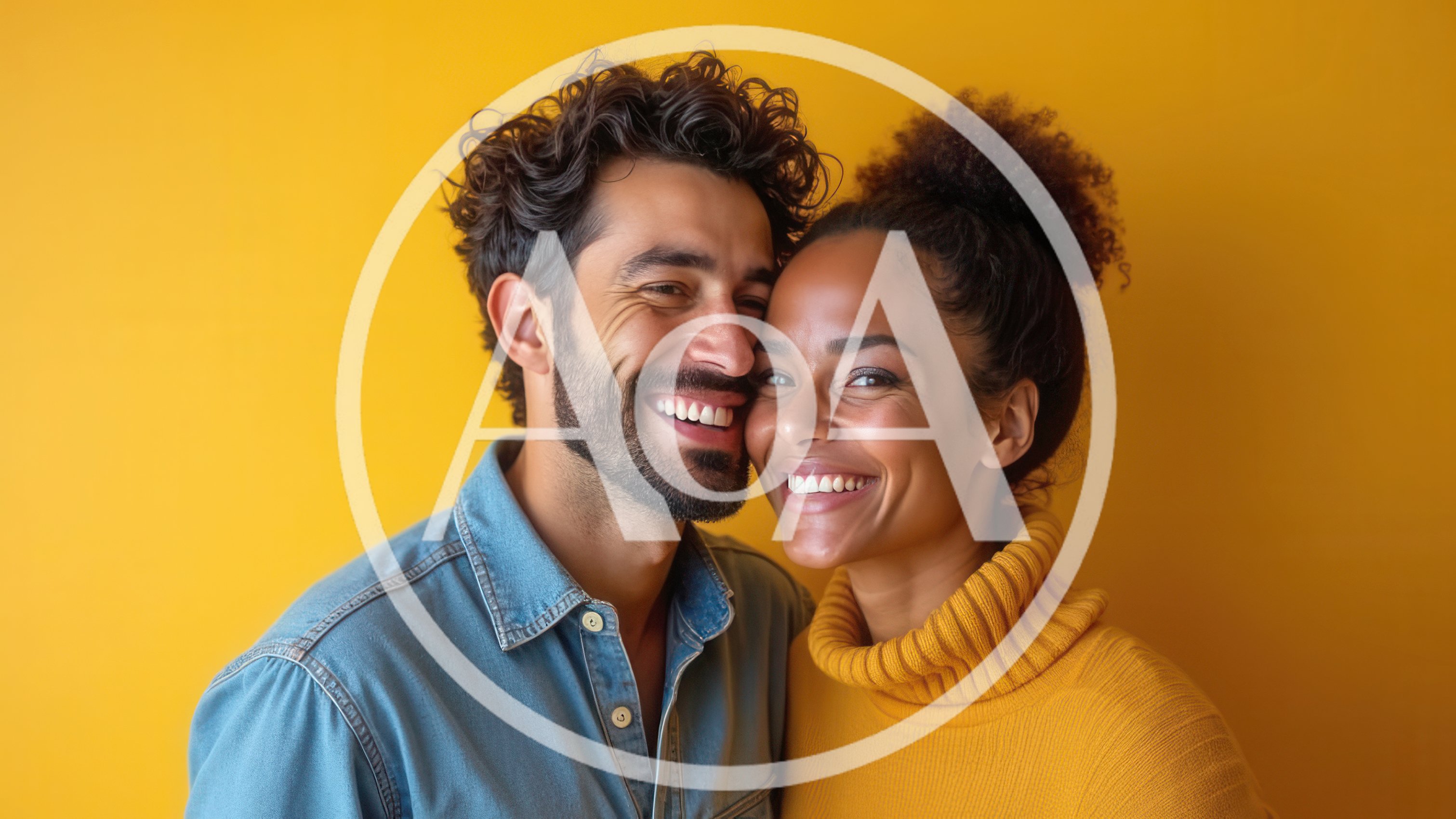 Happy Interracial Couple Smiling Together Against Yellow Background