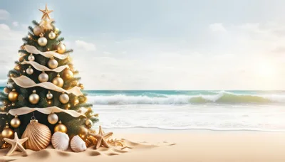 Christmas Tree Decorated With Ornaments On A Tropical Beach