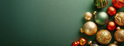 Christmas Ornaments Arranged on a Green Glittery Background