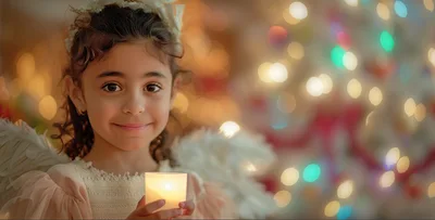 Young Girl Dressed As An Angel Holding A Candle