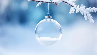 Clear Glass Christmas Ornament Hanging On Snowy Branch
