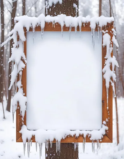 Wooden Sign Frame Covered In Snow And Icicles