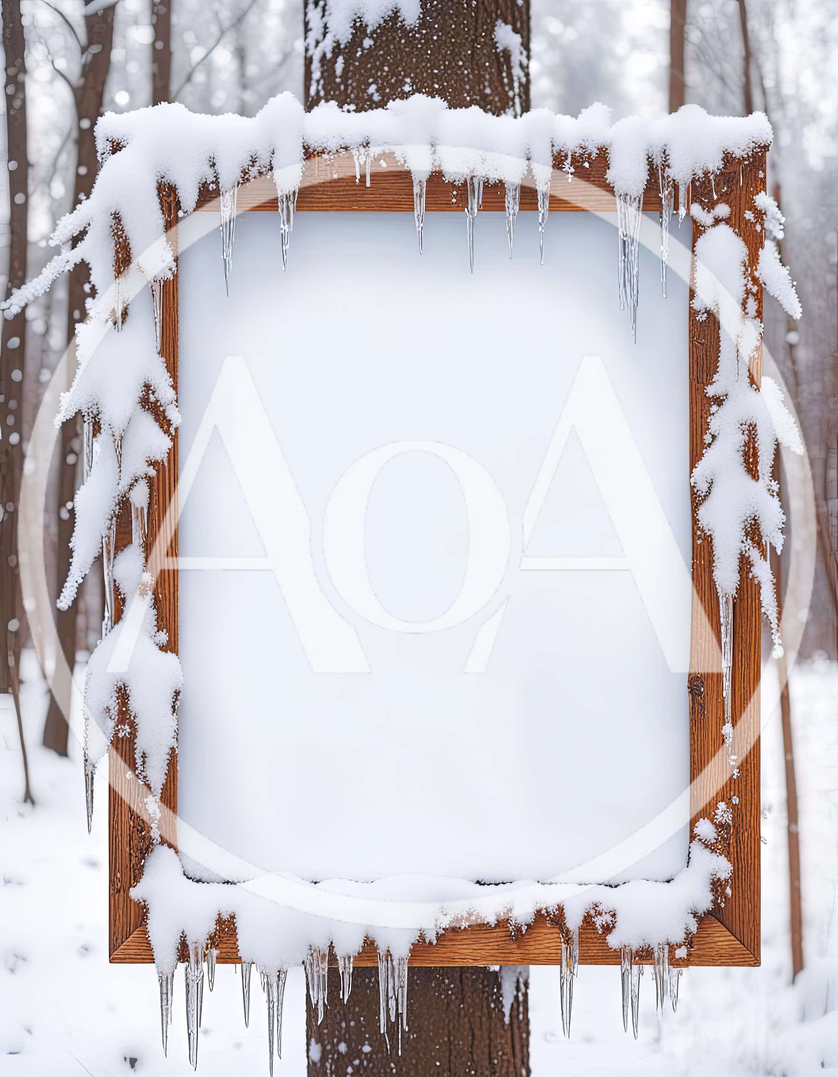 Wooden Sign Frame Covered In Snow And Icicles