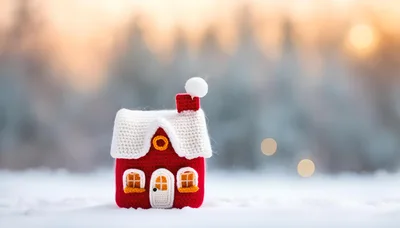 Crocheted Toy House In Snowy Winter Landscape