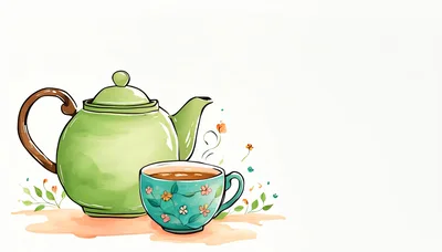 Watercolor Illustration Of A Green Teapot And Floral Cup