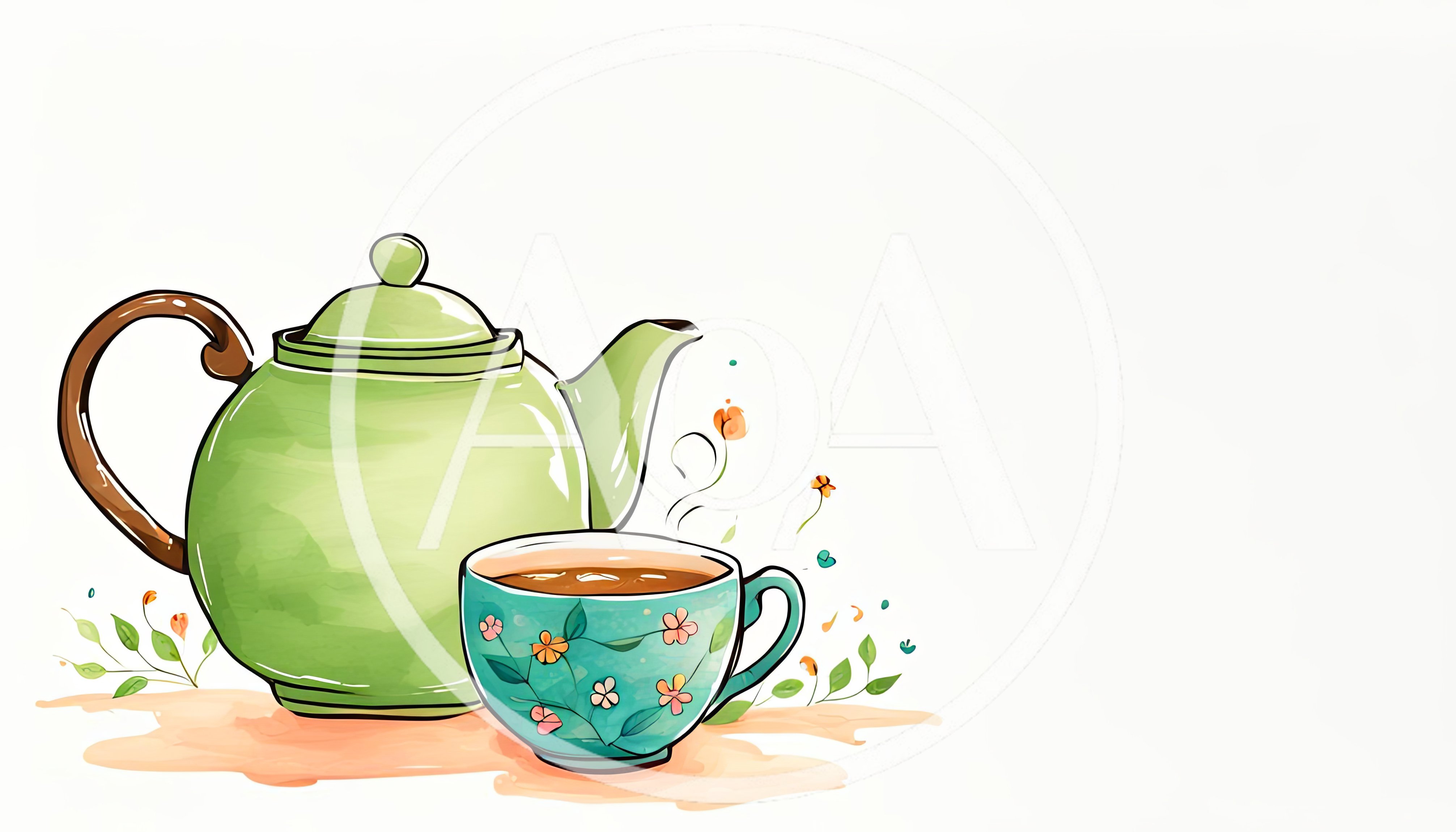 Watercolor Illustration Of A Green Teapot And Floral Cup