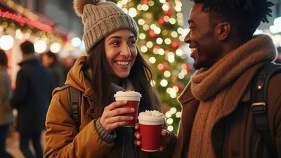 Diverse Couple Enjoying Hot Drinks at Christmas Market