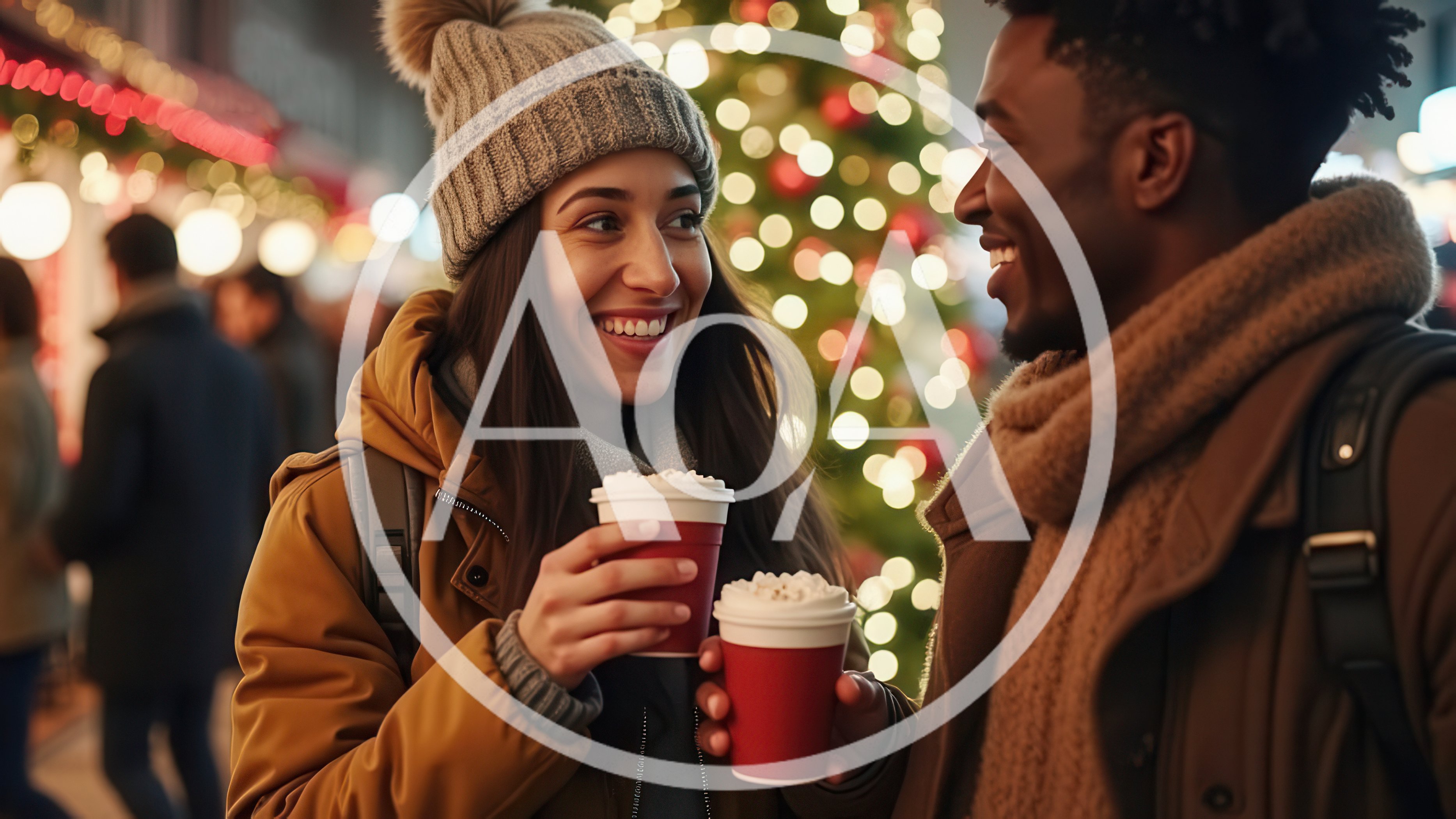 Diverse Couple Enjoying Hot Drinks at Christmas Market