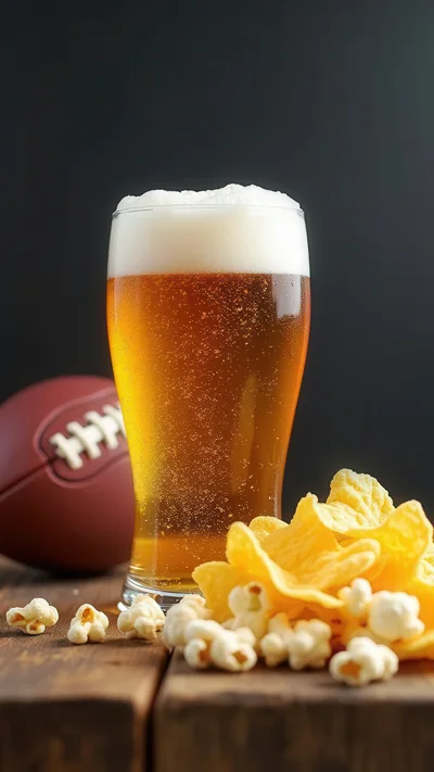 Glass Of Beer With Football And Snacks