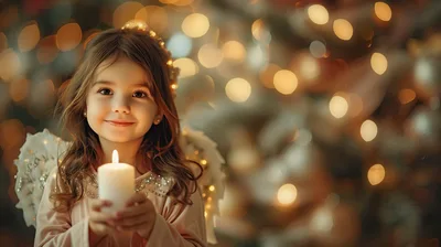 Little Girl Dressed As An Angel Holding A Candle