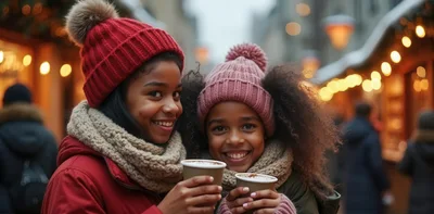 Two Young Girls Enjoying Hot Cocoa at Christmas Market