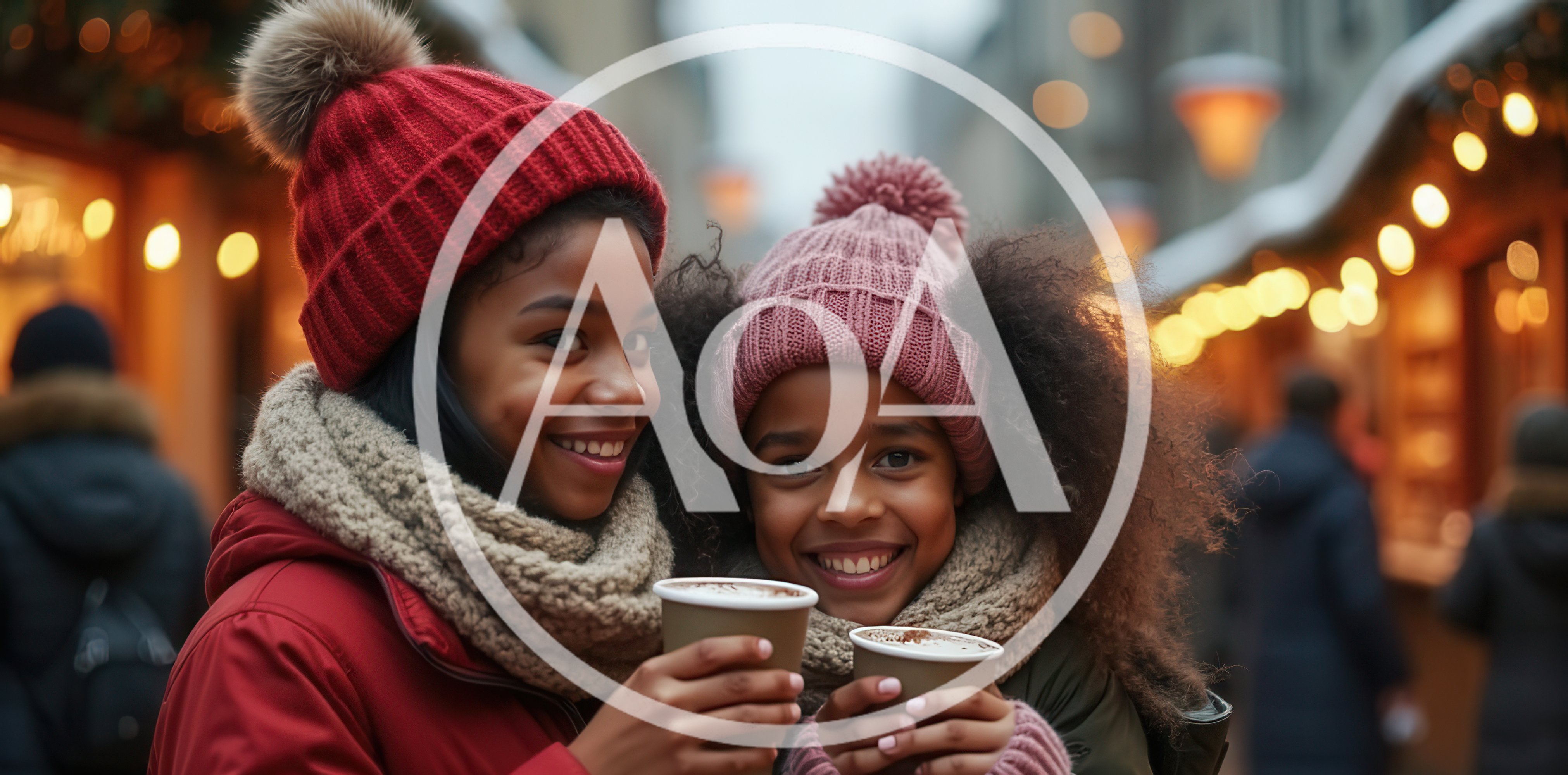 Two Young Girls Enjoying Hot Cocoa at Christmas Market