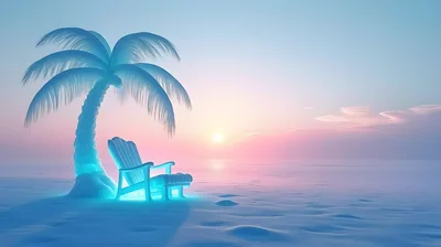 Ice Sculpted Palm Tree And Chair On Snowy Beach