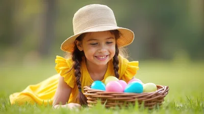 Little Girl With Easter Basket In Grass