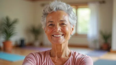 Smiling Senior Woman In Yoga Studio