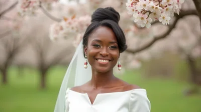 Beautiful African American Bride Smiling Under Cherry Blossom Trees