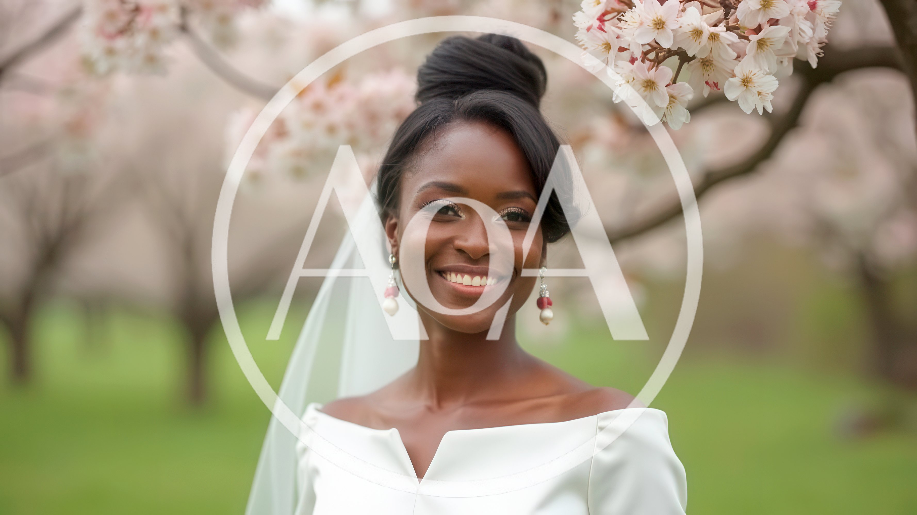 Beautiful African American Bride Smiling Under Cherry Blossom Trees