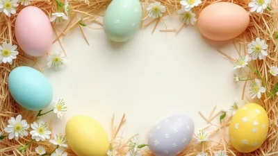 Easter Eggs Arranged In A Floral Straw Frame