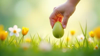 Hand Placing A Green Easter Egg In The Grass