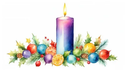 Watercolor Christmas Candle Arrangement With Ornaments And Foliage