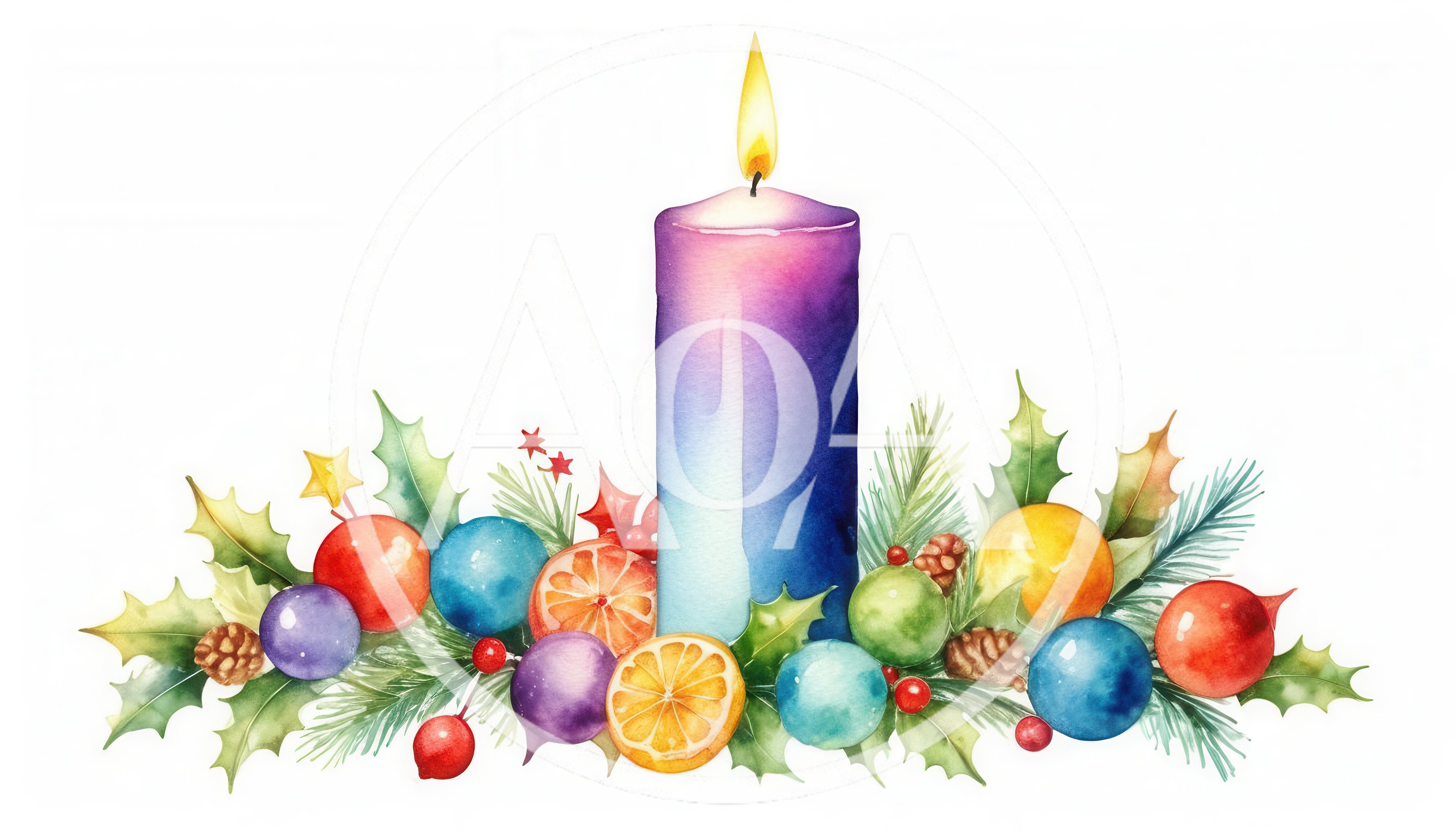 Watercolor Christmas Candle Arrangement With Ornaments And Foliage
