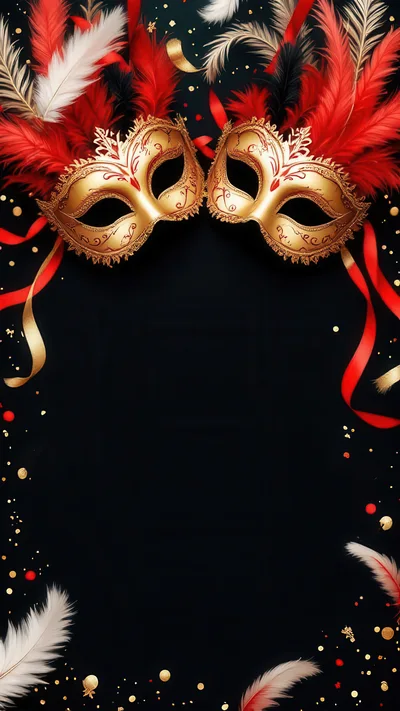Two Golden Venetian Masquerade Masks With Feathers
